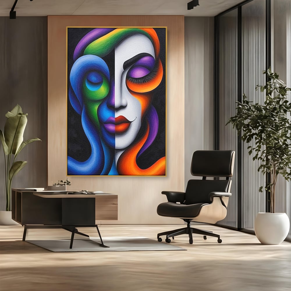Tablou canvas cu portret abstract feminin bicolor, in rama de aluminiu auriu, pe perete intr-un birou